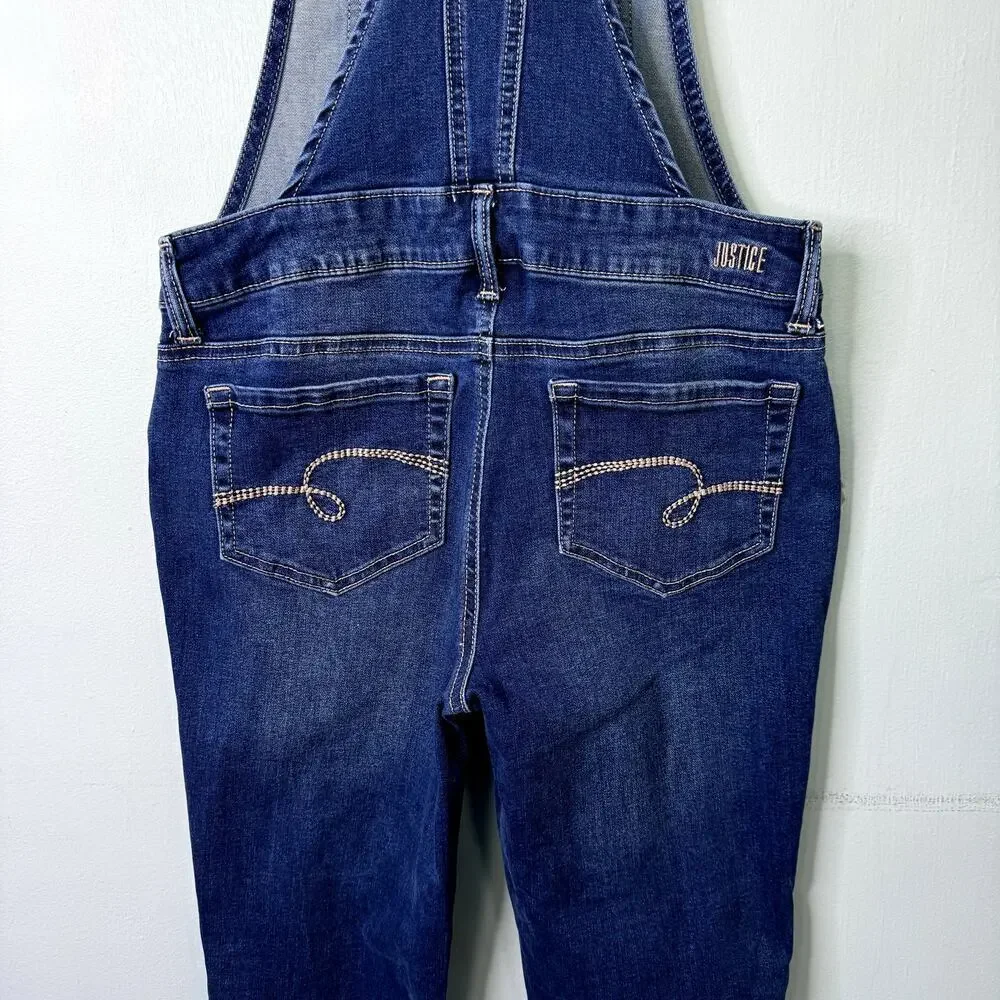 Justice Distressed Dark Wash Denim Bib Overalls Skinny Stretch Girl's Size 16